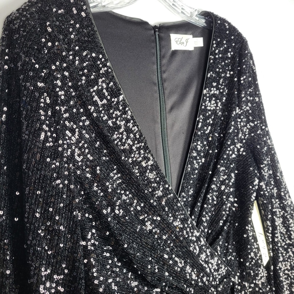 Eliza J Sequined Dress Women's 10 Black Faux Wrap Balloon Sleeves V Neck NWT - Picture 5 of 16